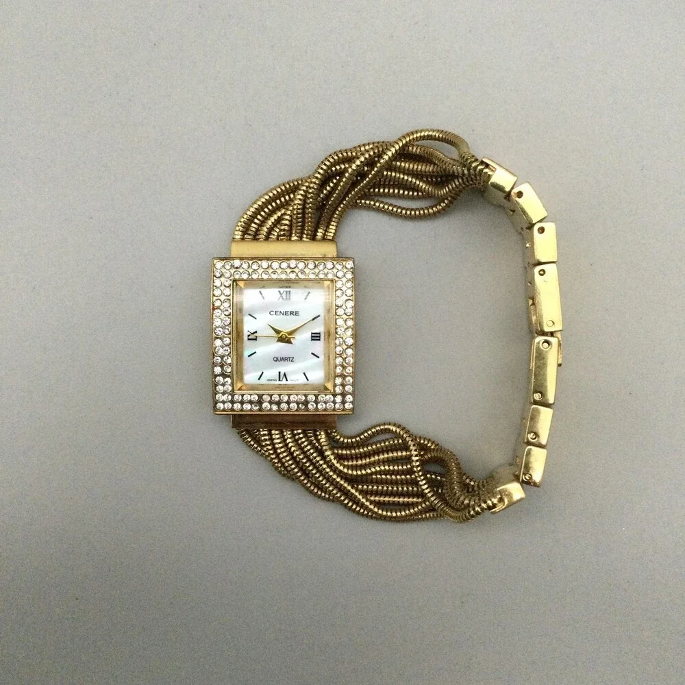 Cenere Womens Watch 24mm White MOP Dial Gold Tone Crystals New Battery 7.25